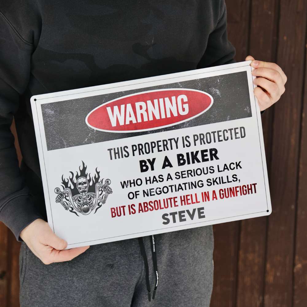 Personalised Metal Sign For Biker With Your Name - This Property Is Protected