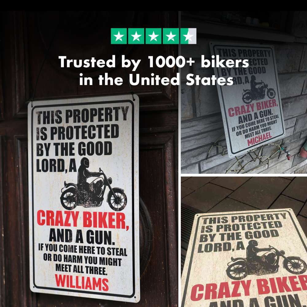 Personalised Metal Sign For Biker With Your Name - Protected By The Good Lord And Crazy Biker